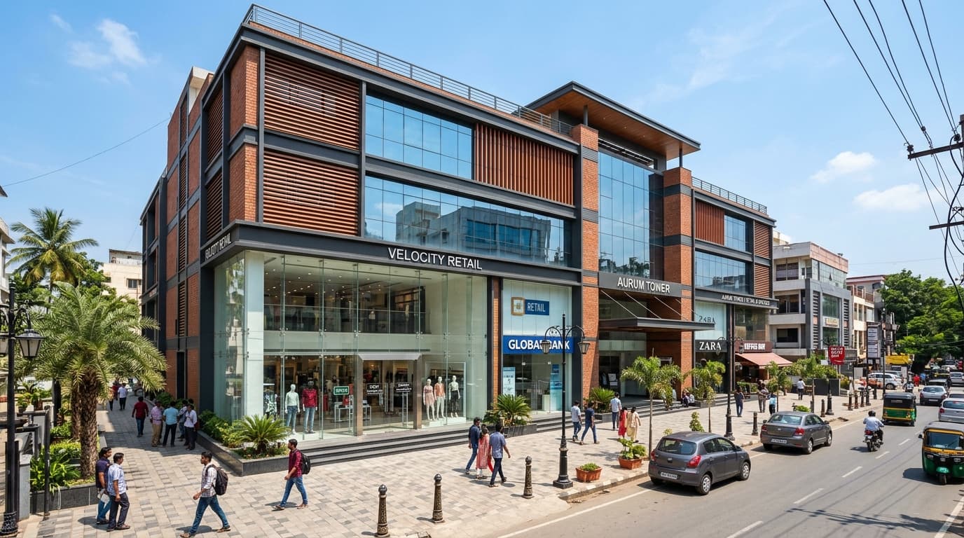 Modern commercial retail complex and corporate office building in an Indian commercial district