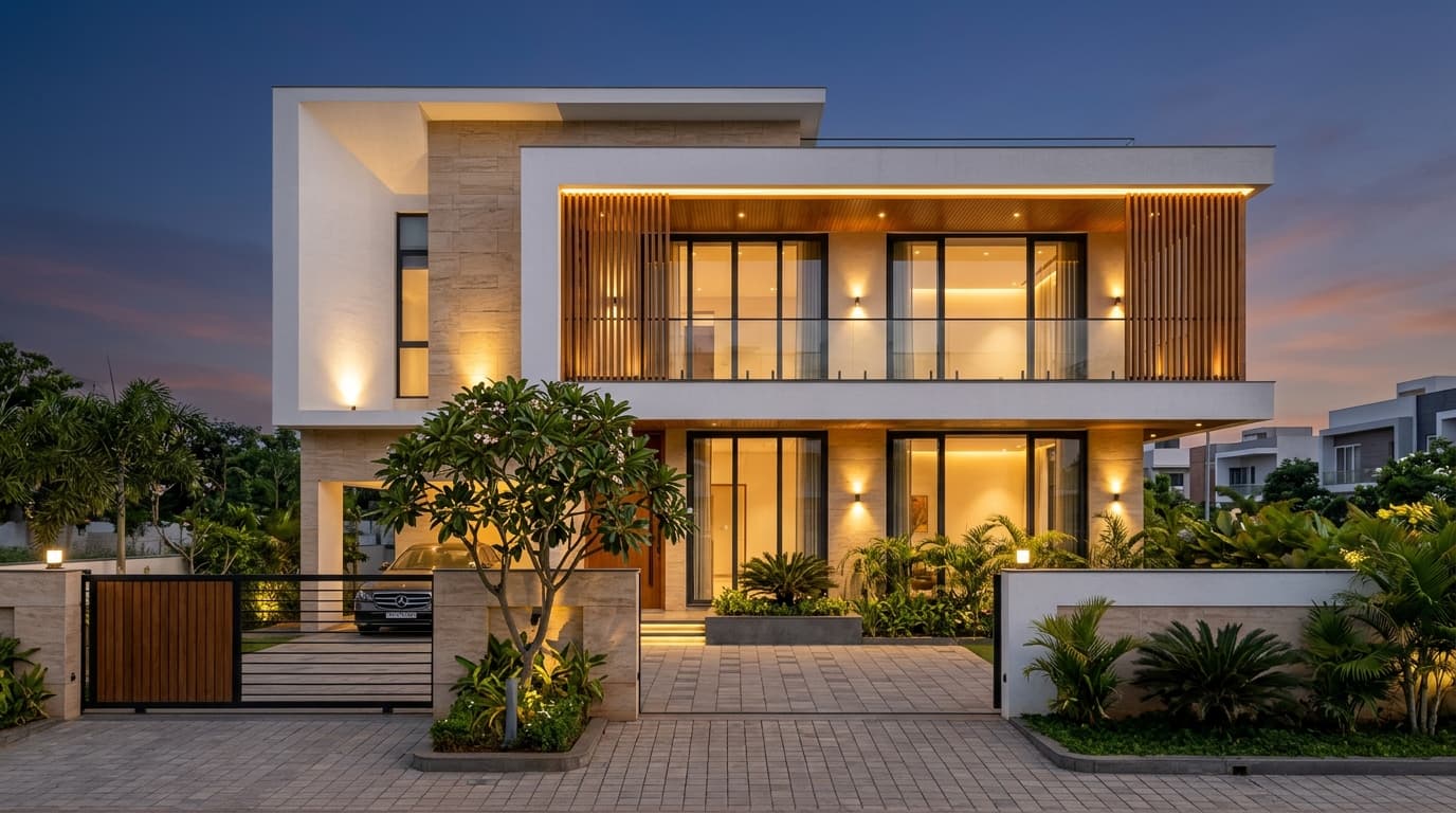Modern luxury independent duplex house in an upscale Indian residential neighborhood in Warangal